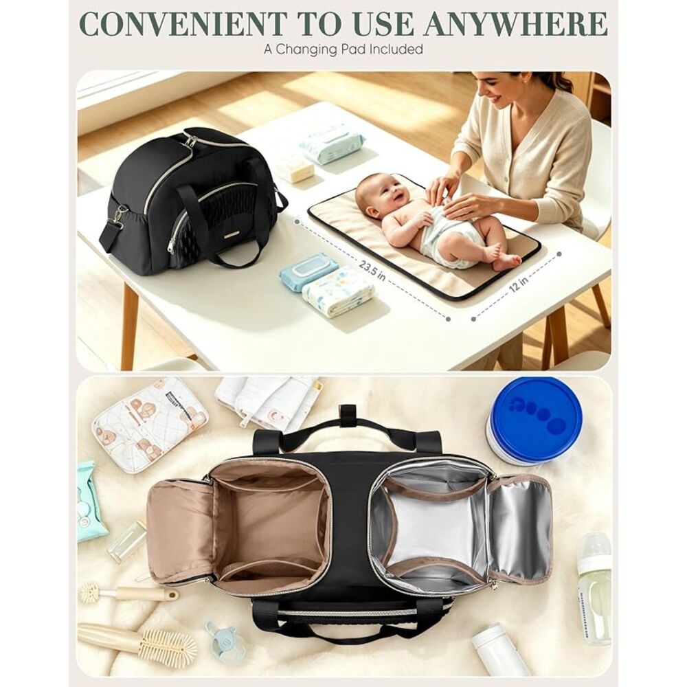 Large Black Diaper Bag Tote w/ Changing Pad Crossbody Travel Organizer - Picture 2 of 7